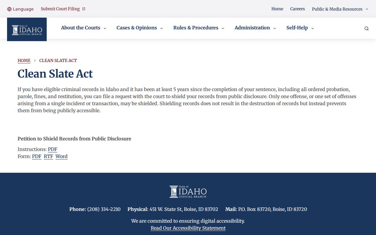 Bancroft criminal records Idaho Clean Slate guidance