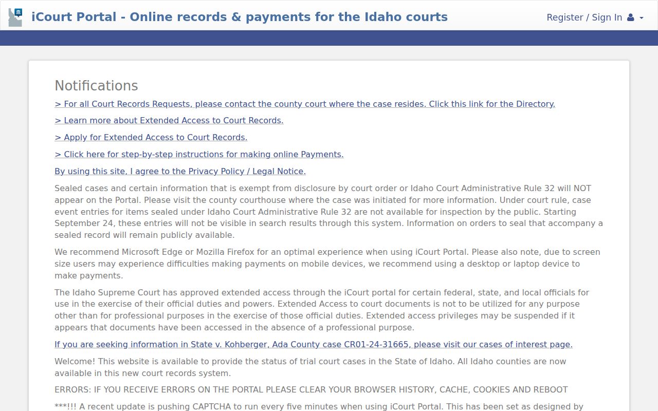 Caribou County criminal court cases Idaho iCourt search