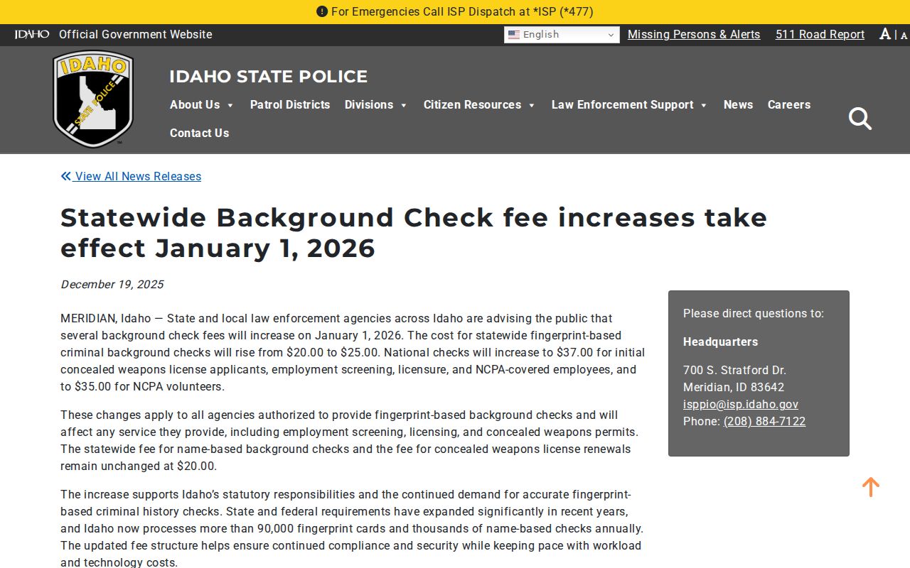 Soda Springs criminal records 2026 Idaho BCI fee update